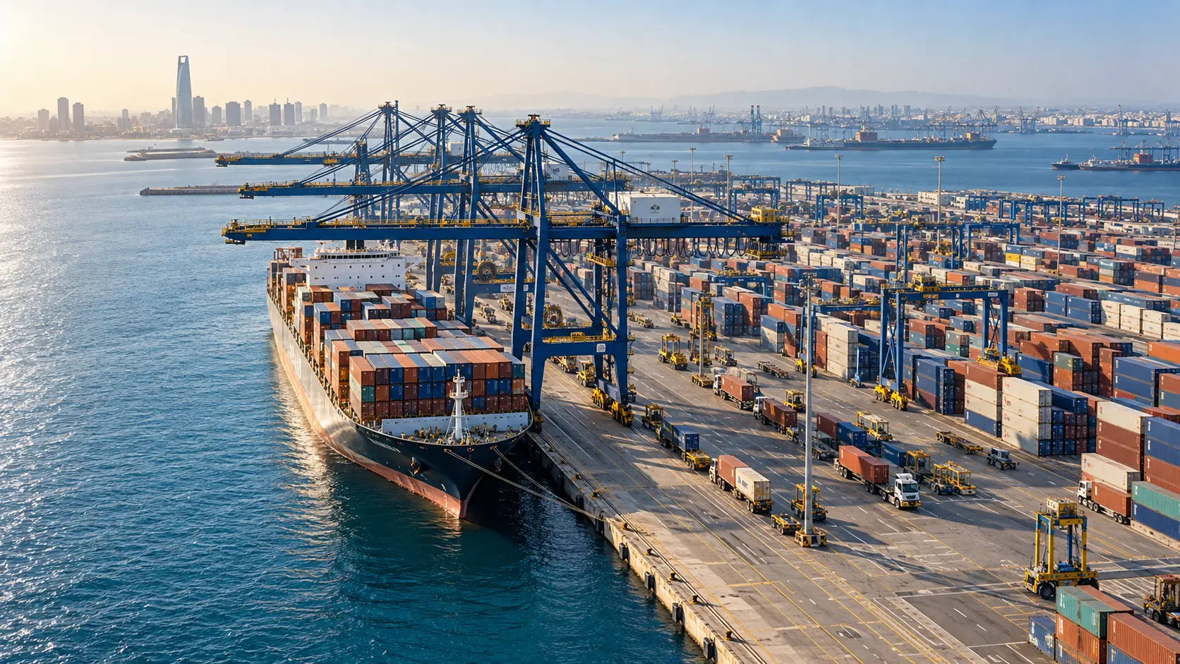 Container vessel and cranes at a seaport