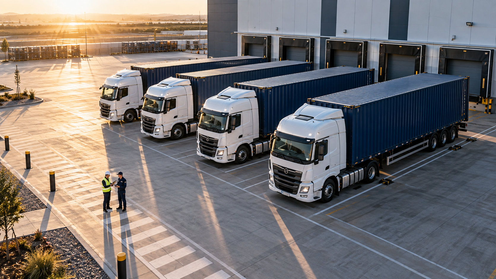 Container trucks at a logistics facility