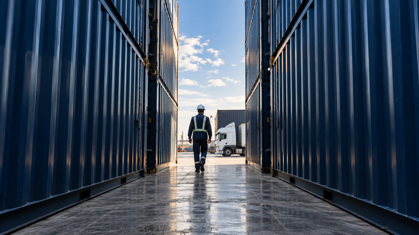 Logistics professional walking between shipping containers